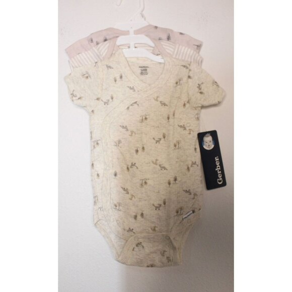 Gerber Onesies 3 Pack Girls 0-3 months Cream Brown Blue Buttons Short Sleeve NWT - Picture 1 of 6